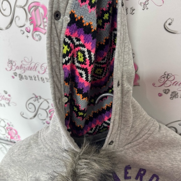 Aeropostale hoodie fur trim hood knit crochet neon inside hood zip up sweater - Picture 8 of 14